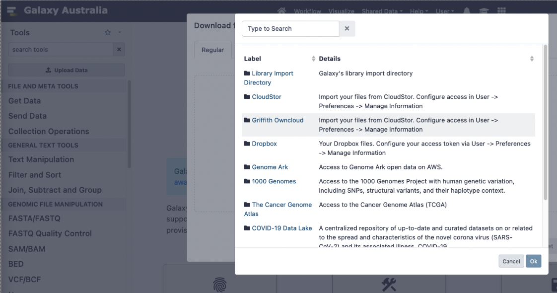 Importing files from OwnCloud into Galaxy